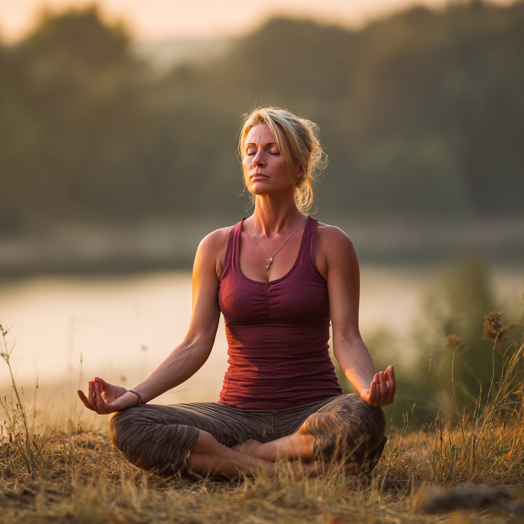 Focused Ukrainian man in his 40s demonstrating a yoga pose with concentrated expression in a bright studio setting
