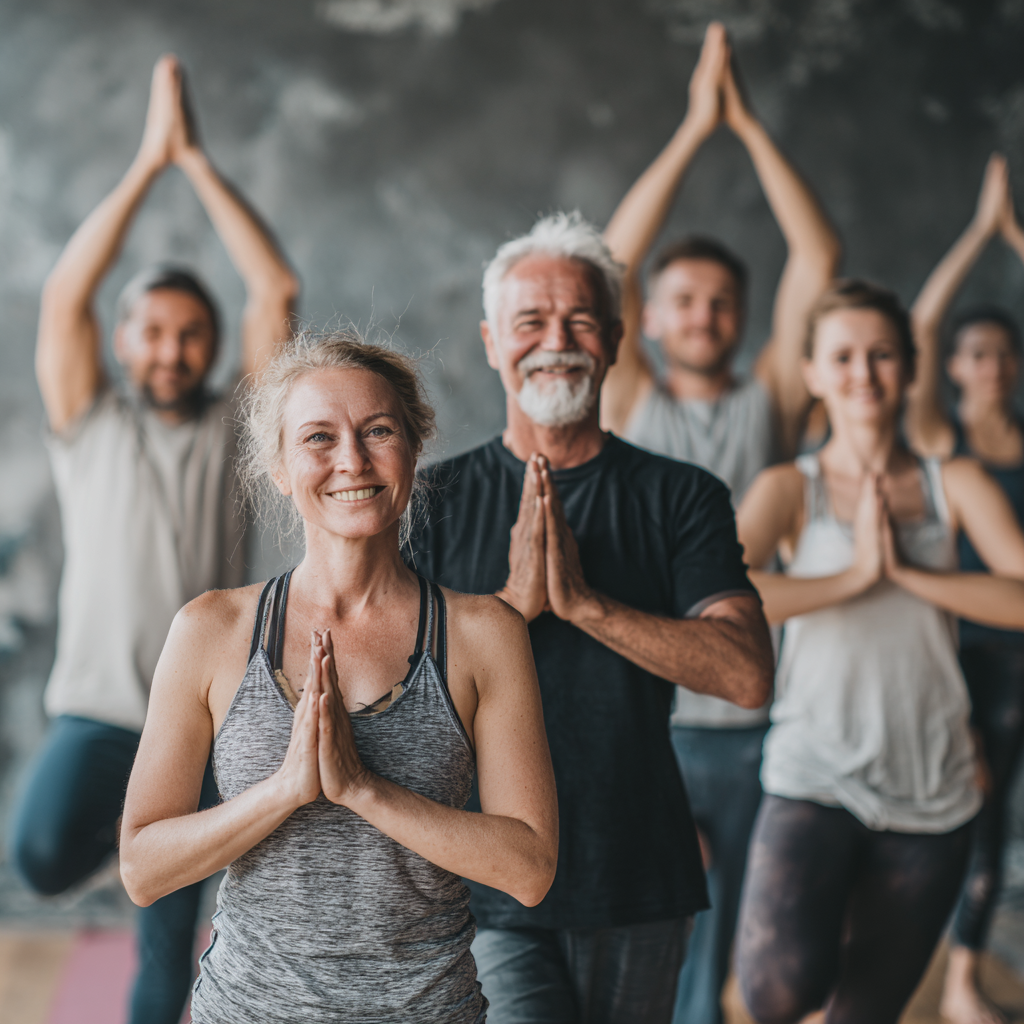Diverse group of Ukrainian adults of different ages practicing gentle yoga together in a bright, welcoming studio space